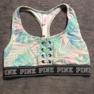 PINK Lace-Up Racerback Sports Bra - Pastel Tropical Print